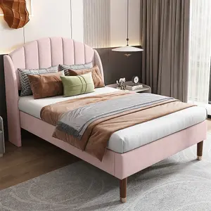 Double Bed-4ft6(135x190cm),with Slatted Frame and Headboard, Youth Bed, Wooden Slatted Support, Easy Assembly, Velvet, Pink 