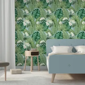 Muriva Blue Tropical Water coloured effect Embossed Wallpaper