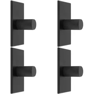 4 PACK - Knurled Cylinder Cabinet Door Knob & Matching Backplate - Matt Black 76 x 40mm