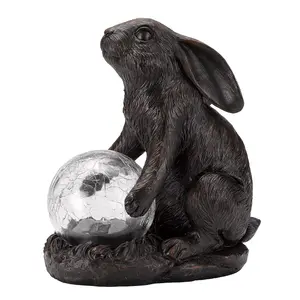 Solar Powered LED Hare Garden Ornament - Hand Painted Polyresin Sculpture with Light Up Crackle Ball - H18.5 x W16.5 x D10.5cm