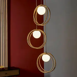 Gold Finish Ceiling Pendant Light - Gloss Opal Glass Shade - 3 Bulb Hanging Lamp