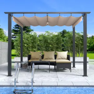 3x3M Metal Pergola with Retractable Roof, Garden Pergola with Sun Shade Canopy-Beige