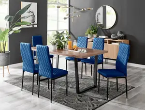 Furniturebox Kylo Brown Rectangular Wood Effect Dining Table & 6 Navy Velvet Milan Black Leg Chairs