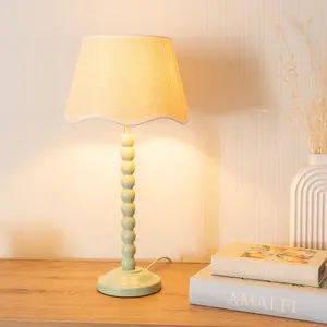 ValueLights Bobbins Sage Green Table Lamp with Linen Scallop White Trim Shade and LED Bulb