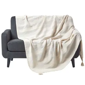 Homescapes Cotton Rajput Ribbed Natural Throw, 225 x 255 cm