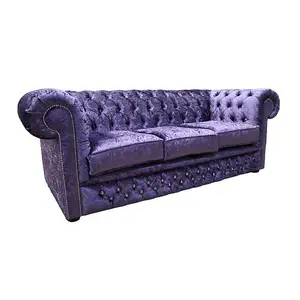 Chesterfield Crystal Diamond 3 Seater Sofa Shimmer Grape Velvet Fabric In Classic Style