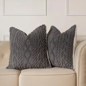 Cable Knit Cushion Covers Sherpa Pillow Cases 2 Pack, 45 x 45cm - Grey