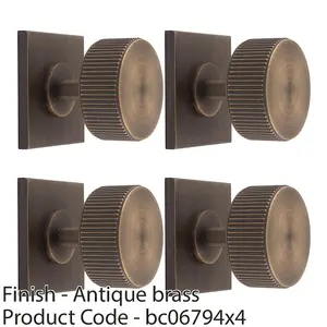 4 PACK - Reeded Radio Cabinet Door Knob & Matching Backplate - Antique Brass 40 x 40mm