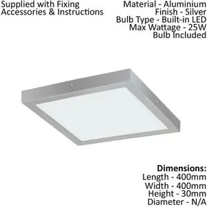 2 PACK Wall / Ceiling Light Silver 400mm Square Surface Mounted 25W LED 4000K