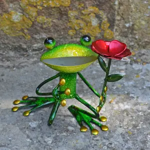 Melbourne Metal Frog with a Flower Decorative Statue