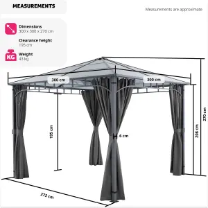 Gazebo Caracas - 3 x 3 m, 4 side panels, weather & UV-resistant, translucent roof - grey