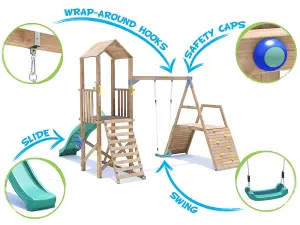 Dunster House Wooden Climbing Frame with Swing, Climbing Wall & Slide BalconyFort Low Platform