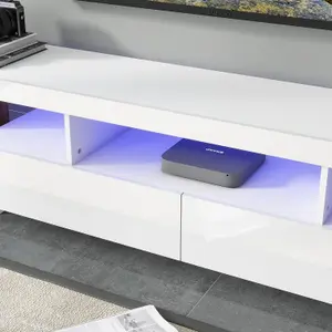 TV Unit for 80 inch TVs, with RGB LED Lights, High Gloss Front Entertainment Center Media Storage Unit (White)