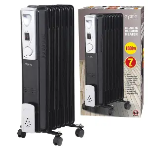 1500W 7 Fin Portable Oil Filled Radiator Heater Electrical Caravan Office Home Black