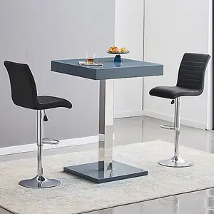 Topaz Glass Grey Gloss Bar Table With 2 Ripple Black Stools