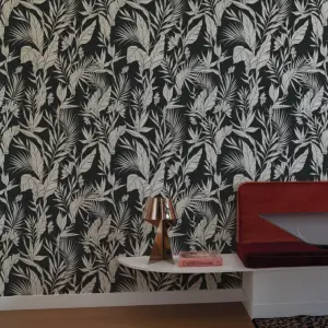 Grandeco Glistening Lucia Tropical Foliage Blown Vinyl Wallpaper, Black