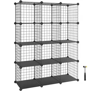 SONGMICS 12-Cube Wire Grid Storage Rack, Interlocking Shelving Unit with Metal Mesh Shelves and PP Plastic Sheets