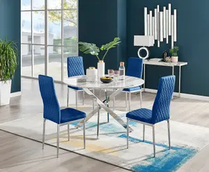 Furniturebox UK Novara White Marble 120cm Round Dining Table & 4 Navy Velvet Milan Chairs