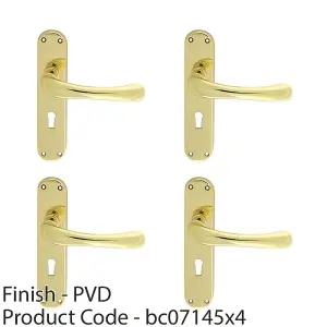 4 PACK - Smooth Rounded Latch & Lock Door Handle - Polished Brass Lever on Backplate