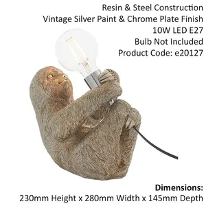 2 PACK Vintage Silver Sloth Table Light - Resin Figure - Chrome Lamp Holder