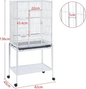 Large Bird Cages Parrot Cage Wide Flight Metal Animal Cage for Budgie Parakeet Conure With Rolling Stand Wheels (White, 62L x 43W