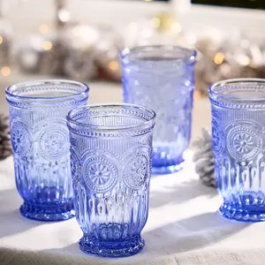 Set of 4 Luxury Embossed Blue Tall Drinking Glass Tumblers 330ml