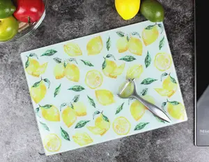 Purely Home Large Rectangular Watercolour Lemons Glass Chopping Board