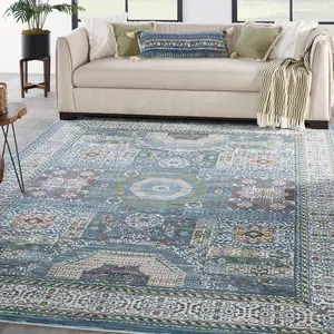 Ivory Blue Rug, Stain-Resistant Luxurious Rug, Traditional Bordered Floral Rug for Bedroom, & DiningRoom-61cm X 122cm