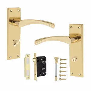 Victorian Scroll Astrid Handle Gold Polished Brass Bathroom WC Toilet Door Handle with 64mm Bathroom Mortise Lock 150mm x 40mm