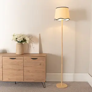 ValueLights Heather Light Wood Single Stem Floor Lamp with Scallop Black Trim Tapered Shade