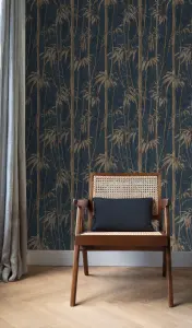 Rasch Florentine Bamboo Shimmer Midnight Blue and Gold Wallpaper