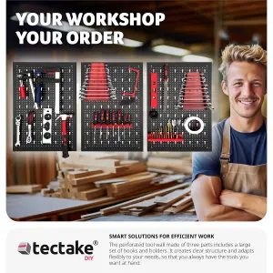 Pegboard - with 25 hooks and brackets, made of steel - black/red