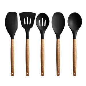 Non-Stick Cooking Utensils, Silicone Kitchen Utensils Set With Natural Acacia Hard Wood Handle, 5 Piece, Black, BPA Free, Baking & Serving Wooden Cooking Spoon Black