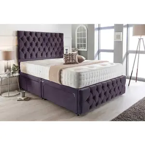 Merina Divan Bed Set with Tall Headboard and Mattress - Chenille Fabric, Purple Color, 2 Drawers Left Side