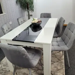 Kitchen Dining Table Set Of 6 Wooden White Black Table Grey Velvet Tufted Chairs