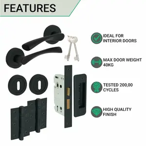 EAI - Swept Lever on Rose Lock Kit / Pack - 80mm Sash Lock & 76mm Hinges - Matt Black