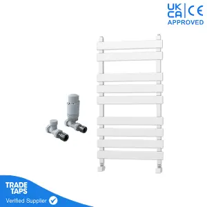 Designer Marvella White Flat Panel Towel Radiator Heated Ladder Rail - 950 x 500mm - Straight TRV Valve Pair