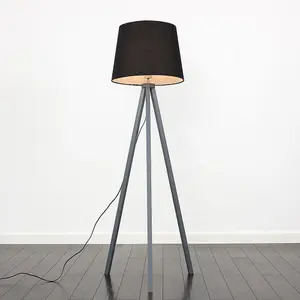 ValueLights Modern Grey Wood Tripod Design Floor Lamp With Black Shade