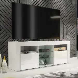 Pulse TV Unit 145cm White with High Gloss Doors and LED Lighting - Creative Furniture