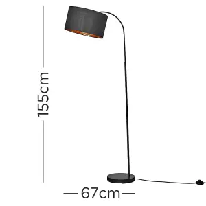 ValueLights Modern Designer Style Black Curved Stem Floor Lamp With Black Gold Drum Shade