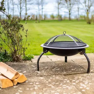 Portable Fire Pit Bowl - Foldable Black Metal Outdoor Garden Log Wood Charcoal Burner with BBQ Grill & Storage Bag - H41 x 54cm