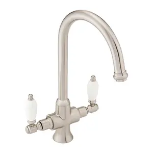 ENKI, Dorchester, KT060, Brushed Nickel Dual Flow Kitchen Sink Mixer Tap For Basin, With Twin White Levers Swivel Spout