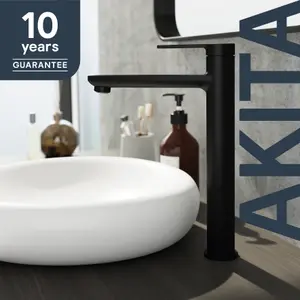 GoodHome Akita Tall Matt Black Round Basin Mixer Tap