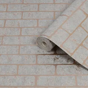 Superfresco Milan Grey Rose gold effect Brick Smooth Wallpaper