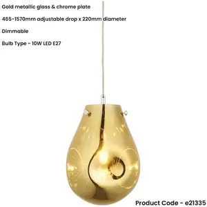 Hanging Ceiling Pendant Light - Gold Metallic Glass & Chrome Plate - 10W LED E27