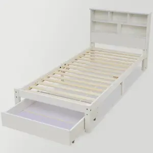 Bed with Shelves, White Wooden Storage Bed, Underbed Drawer - 3FT Single (90 x 190 cm)