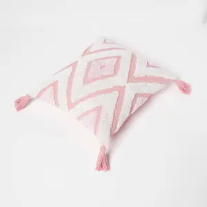 Homescapes Geometric Ikat White & Pink Tufted Cotton Cushion with Tassels 45 x 45 cm