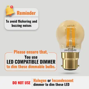 paul russells LED Filament Dimmable Golf Bulb, BC B22, 4.5W 423 Lumens, 40w Equivalent, 2200K Extra Warm White, Pack of 3