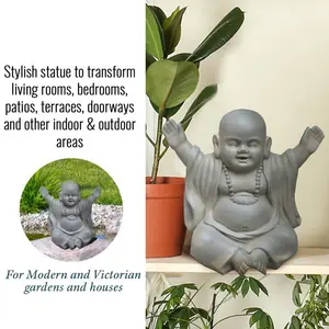 Buddha Statue Indoor and Outdoor, Moss Washed Stone Effect Feng Shui Ornament, Laughing Buddha Baby Monk Figurine L35.5 W25.5 H31.5 cm