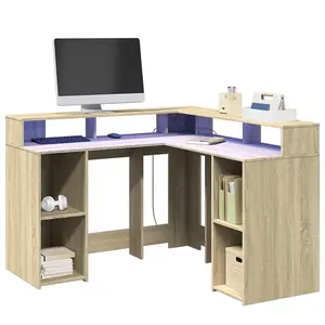 Berkfield Desk with LED Lights Sonoma Oak 130x130x91 cm Engineered Wood